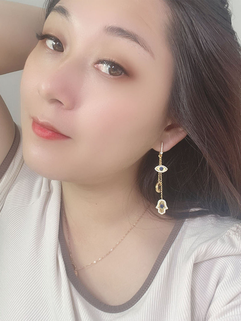 women's long evil eye drop earrings, view 7 - MRSLM