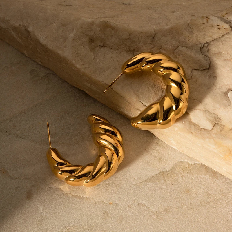 twisted C-shaped gold plated stud earrings, view 5 - MRSLM