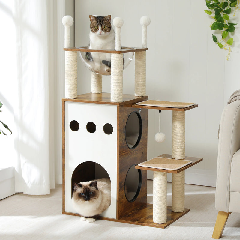 modern wooden cat tree tower with 2-floor condo, view 5 - MRSLM