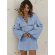 deep V-neck long sleeve blue satin mini dress, view 5 - MRSLM