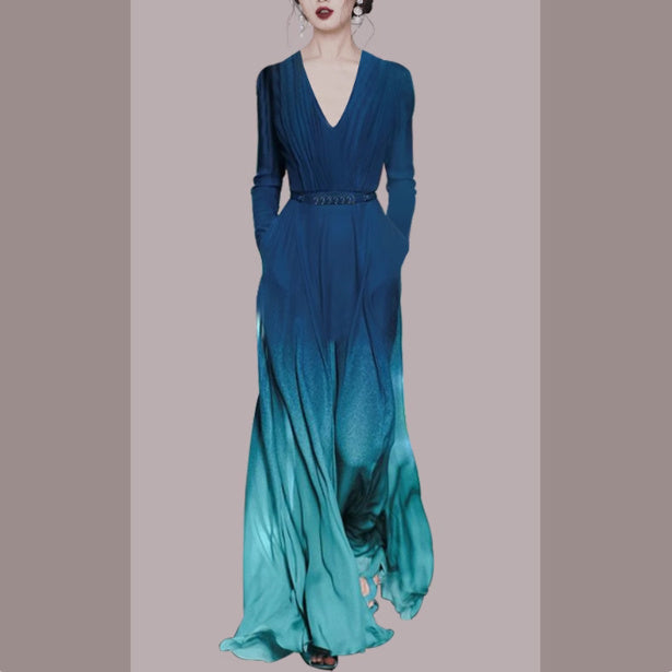 long sleeve v-neck gradient green dress with belt - MRSLM