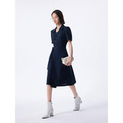 navy dress with lace-up waistband, view 3 - MRSLM