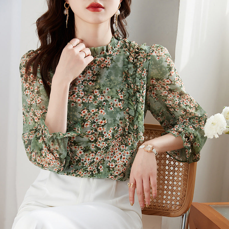 women's printed chiffon ruffle collar blouse, view 3 - MRSLM