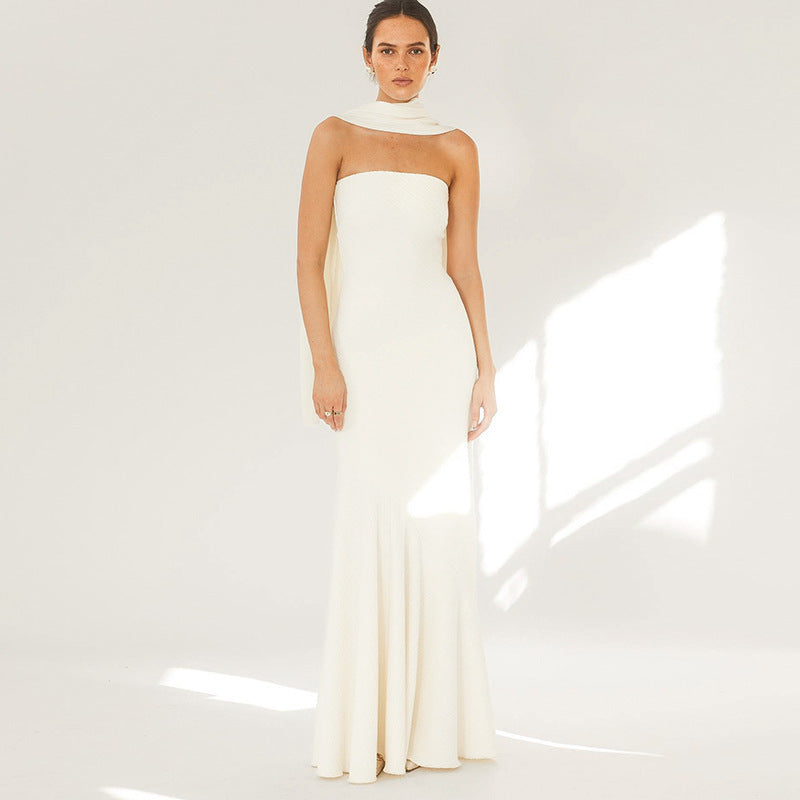 long fishtail dress with fitted waist, view 3 - MRSLM