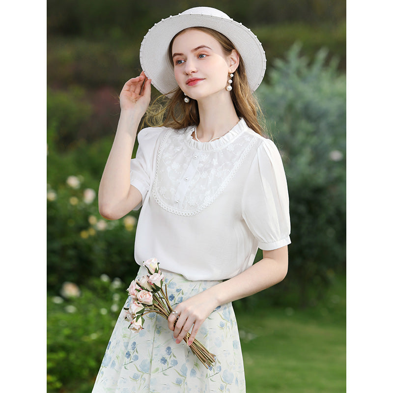 white lace puff sleeve blouse, view 2 - MRSLM