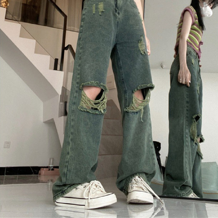 American Dark Green Torn Jeans With Wide Leg Pants For Women