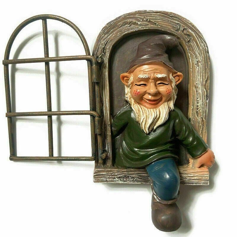 Naughty elf tree hugger garden statue, view 2 - MRSLM