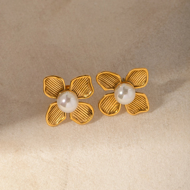 18k gold plated flower earrings with shell beads, view 7 - MRSLM