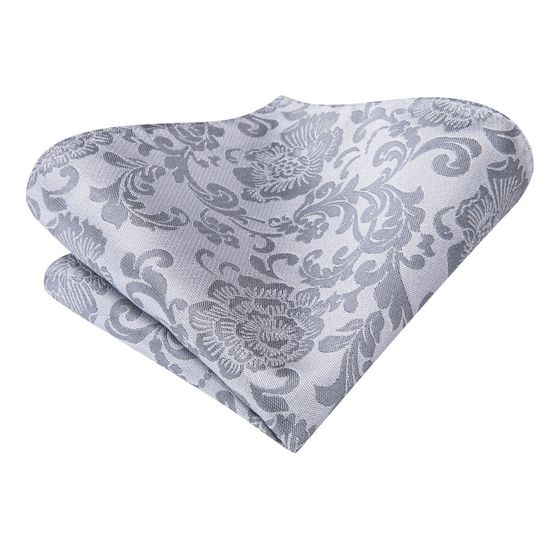 silver grey floral silk necktie set for men, view 5 - MRSLM
