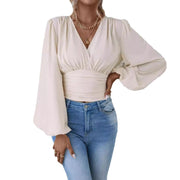 V-neck pleated long sleeve top, view 5 - MRSLM