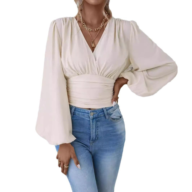 V-neck pleated long sleeve top, view 5 - MRSLM