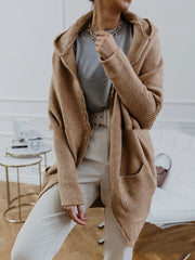 Women's hooded knit sweater coat with pockets, view 6 - MRSLM