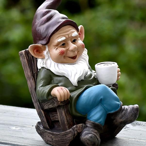 outdoor gnome dwarf on rocking chair, view 2 - MRSLM