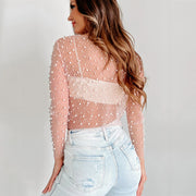 women's beaded mesh lace long sleeve top, view 4 - MRSLM