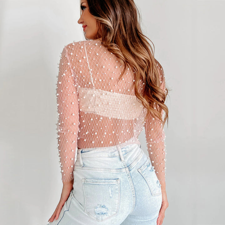 Women's Fashion Bead Mesh Lace Shirt Mesh Long Sleeve Top