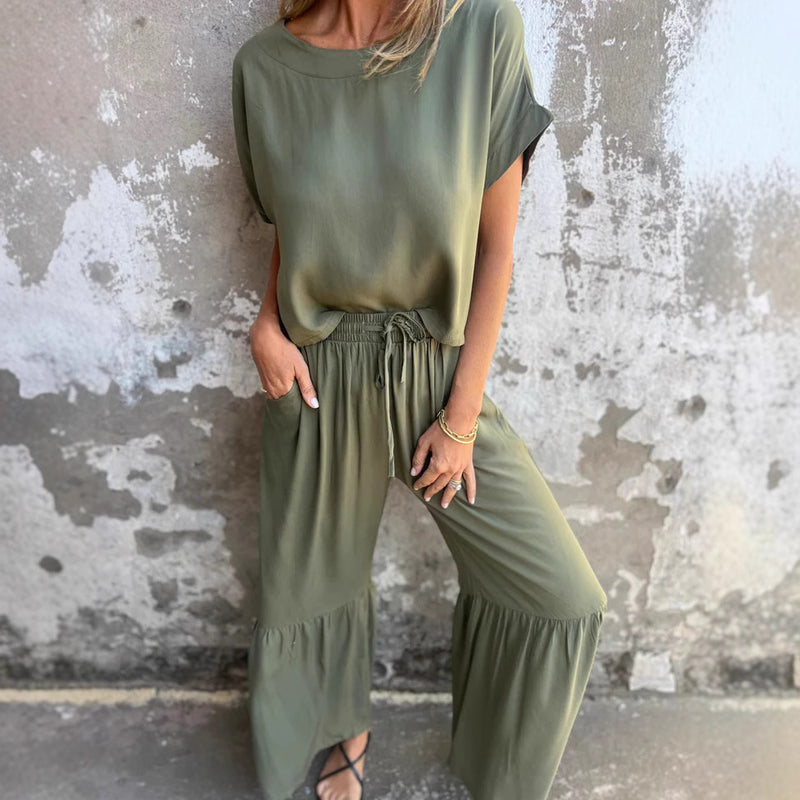 short-sleeved top and wide-leg pants set, view 3 - MRSLM
