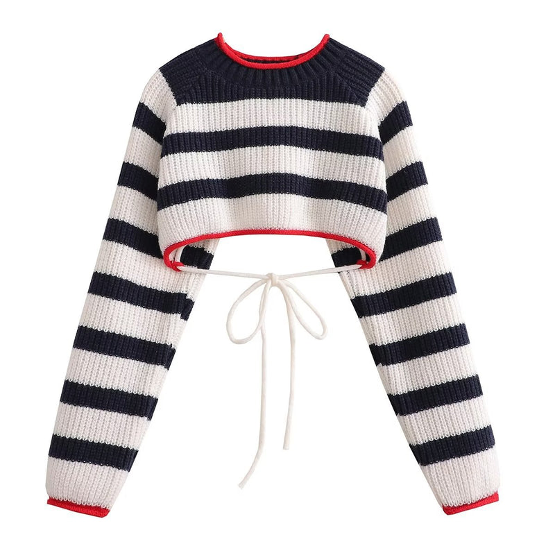 Women's lace-up striped plaid sweater, view 3 - MRSLM