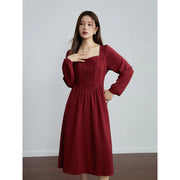 retro red long sleeve square neck dress, view 4 - MRSLM