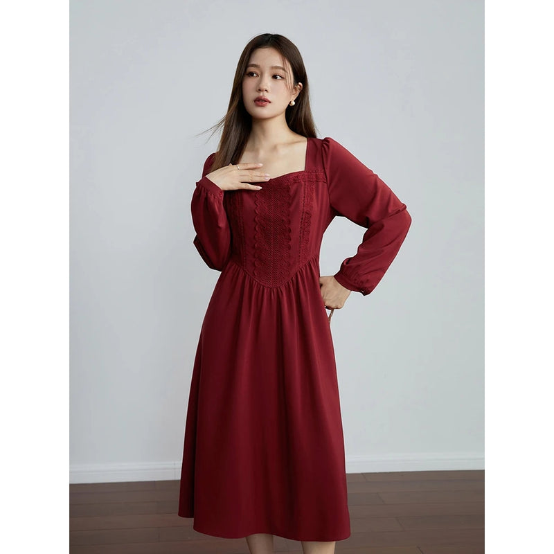 retro red long sleeve square neck dress, view 4 - MRSLM