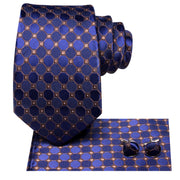 navy blue and gold plaid silk necktie set, view 3 - MRSLM