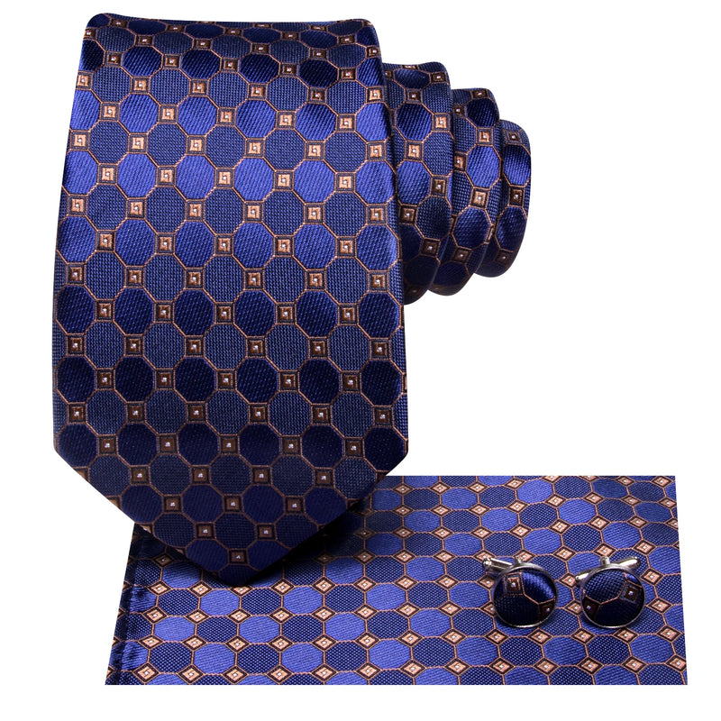 navy blue and gold plaid silk necktie set, view 3 - MRSLM