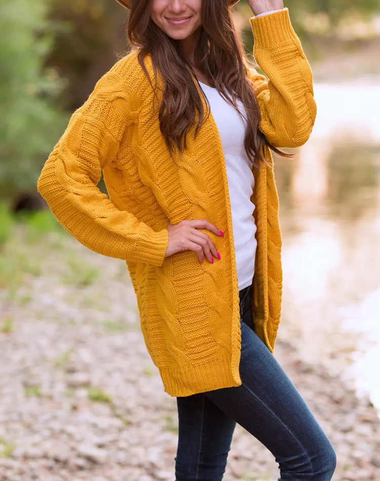women's chunky twist knit mid-length cardigan, view 2 - MRSLM