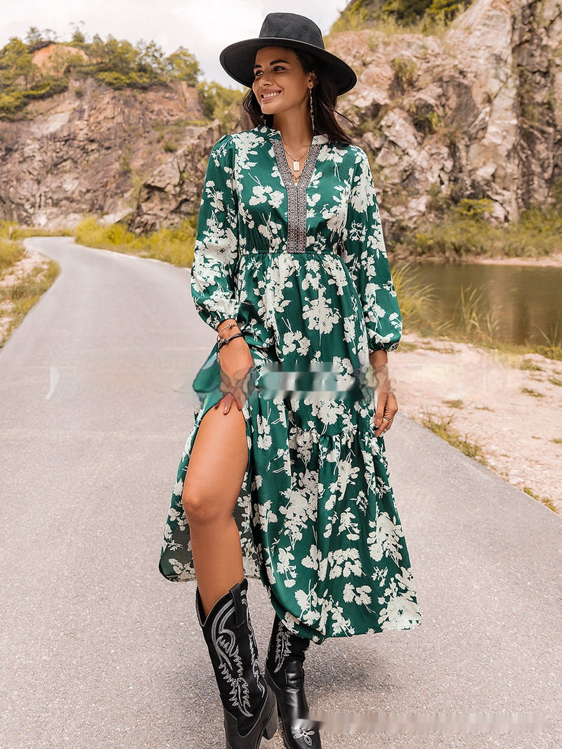 blue printed embroidered dress, view 6 - MRSLM