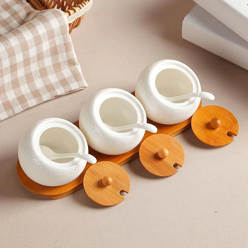 ceramic storage jar set with bamboo tray, view 2 - MRSLM