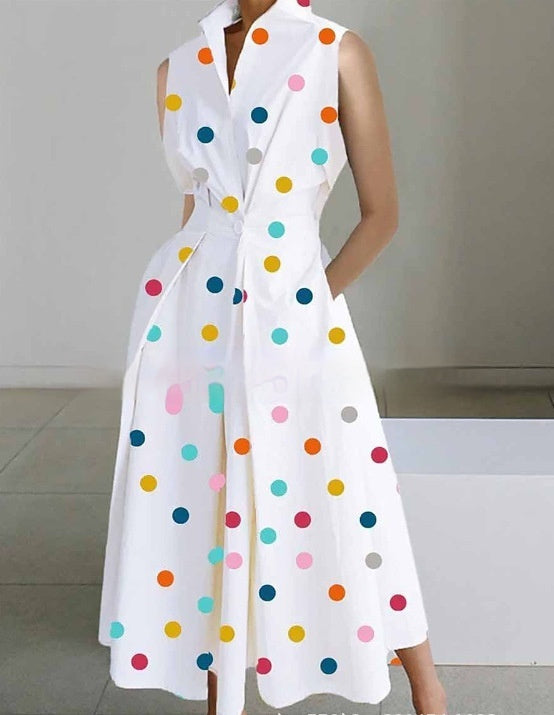 stand-up collar printed mid-length dress, view 10 - MRSLM