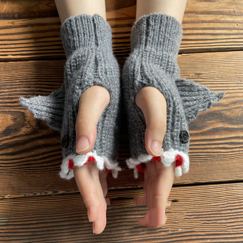 cartoon shark half finger knitted gloves, view 5 - MRSLM