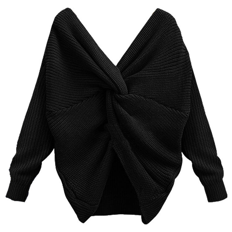 women's v-neck cross backless knit sweater, view 4 - MRSLM