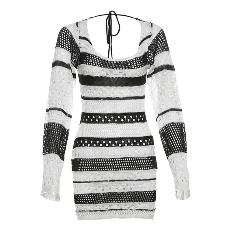 knitted striped long sleeve dress, view 6 - MRSLM