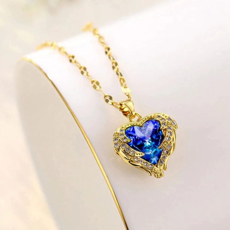 golden ocean heart titanium steel necklace, view 2 - MRSLM