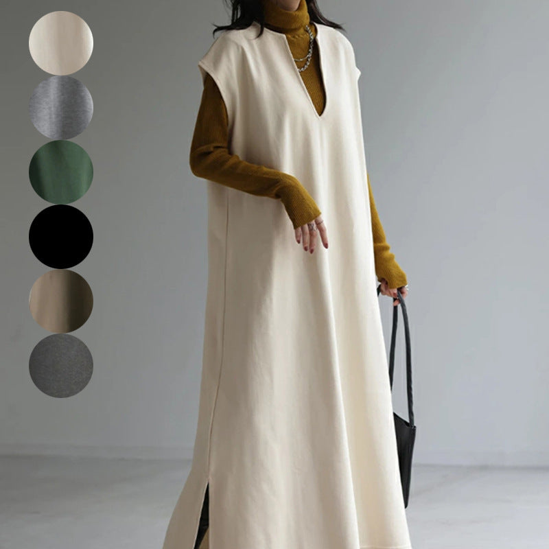 women's loose V-neck autumn winter dress - MRSLM