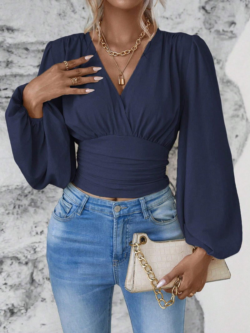 V-neck pleated long sleeve top, view 11 - MRSLM