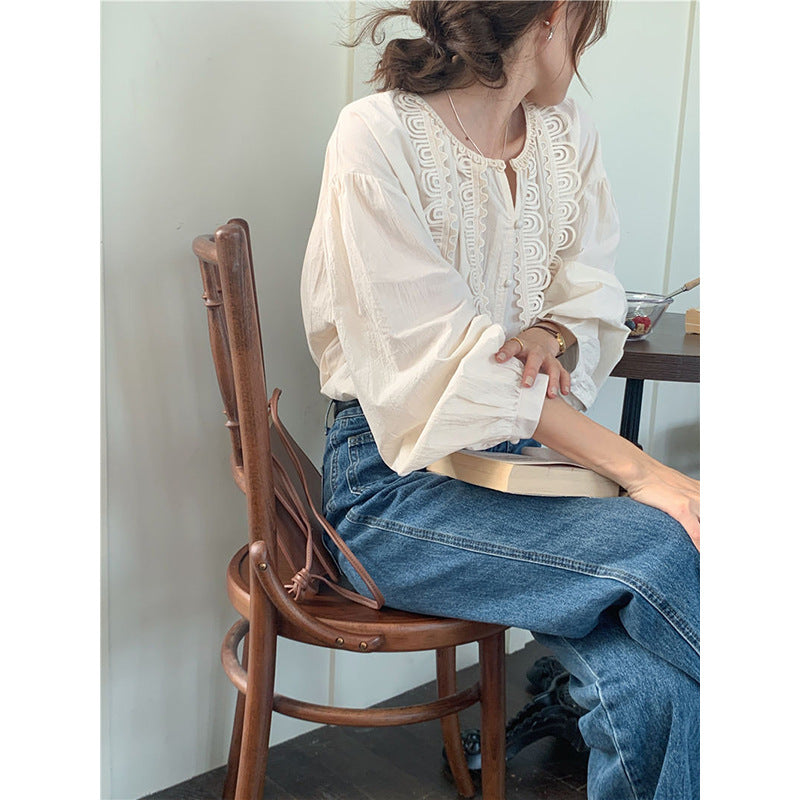 round neck lace stitching long-sleeved shirt, view 4 - MRSLM