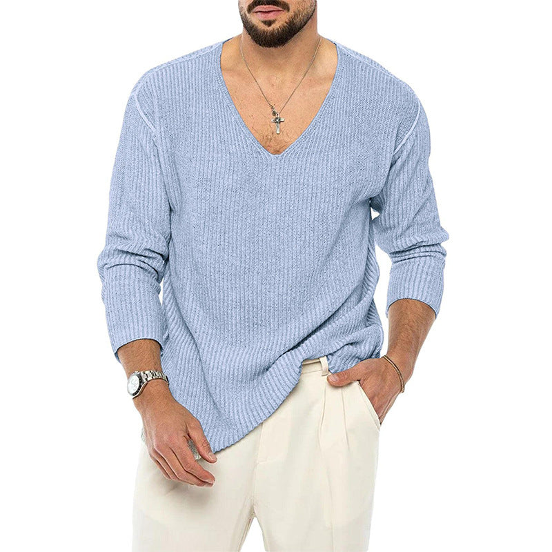 V-neck Sweater Men's Solid Color Long Sleeve Fashionable Knitted Sweater