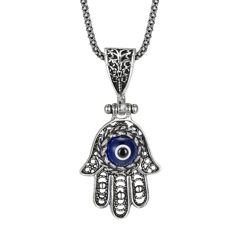 silver snake chain blue pendant necklace, view 5 - MRSLM