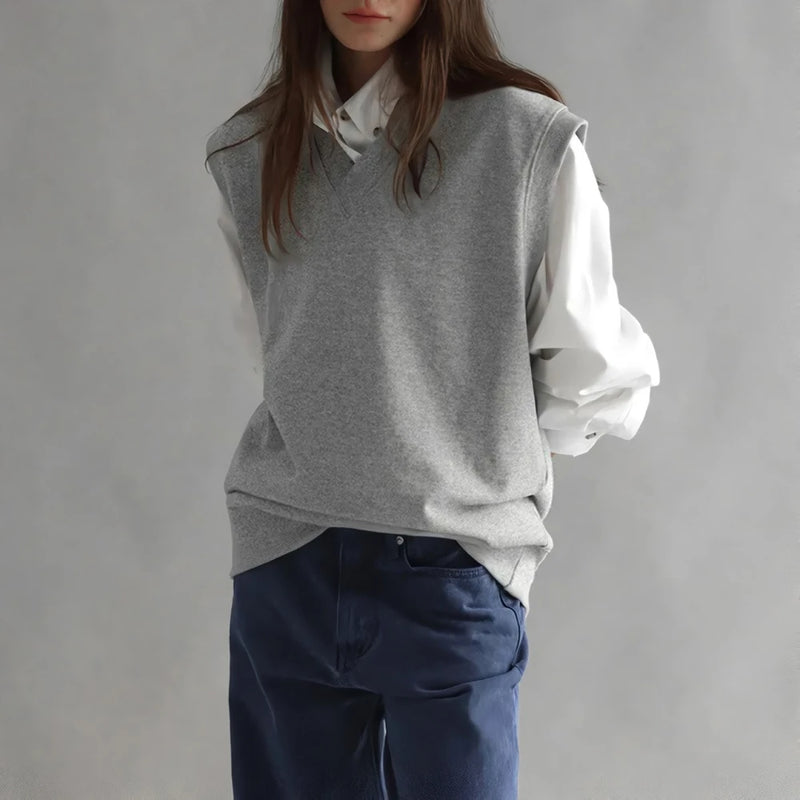 loose V-neck sleeveless knit pullover, view 4 - MRSLM