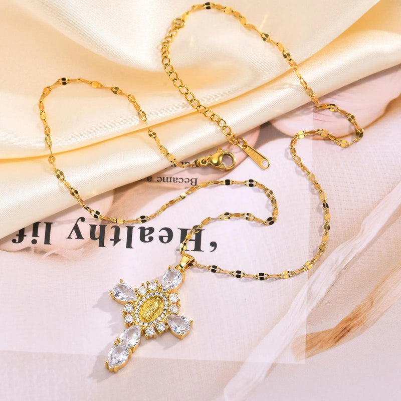 rhinestone cross pendant necklace, view 8 - MRSLM