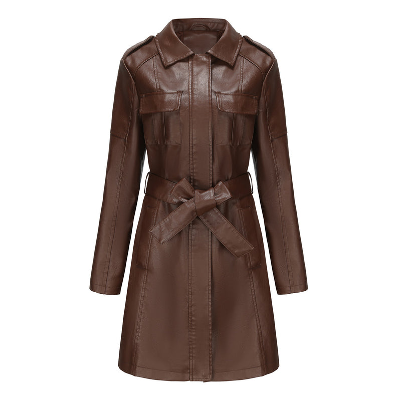 women's mid-length faux leather coat with belt, view 5 - MRSLM