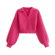 lapel lantern sleeve short knit sweater - MRSLM