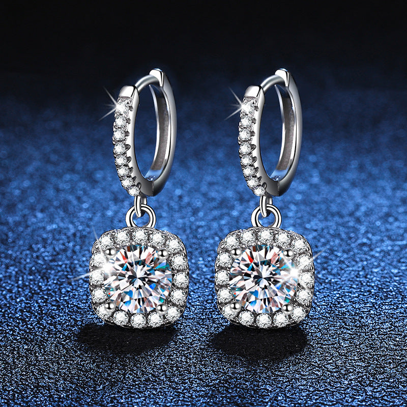 silver moissanite square stud earrings, view 2 - MRSLM