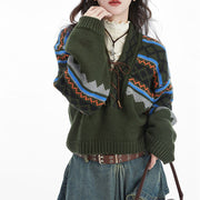 women's retro loose knit pullover sweater green, view 2 - MRSLM