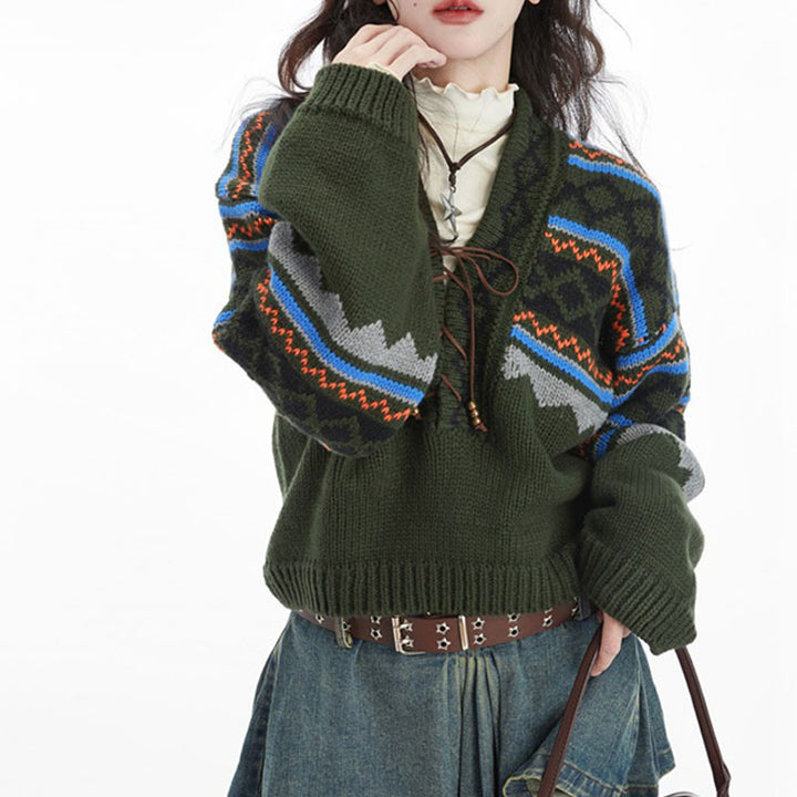 Retro Mori Style White Green Sweater For Women