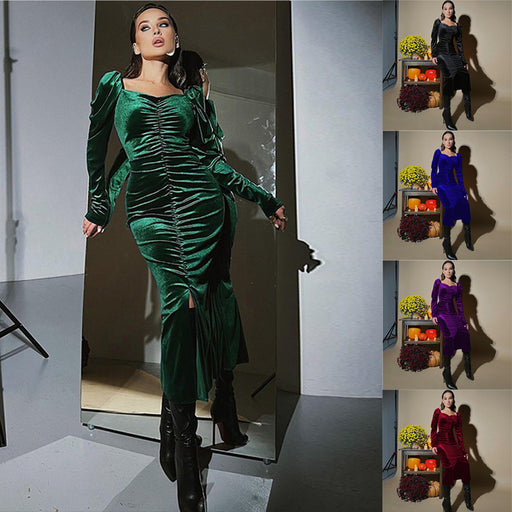 women's pleated slim fit velvet dress - MRSLM