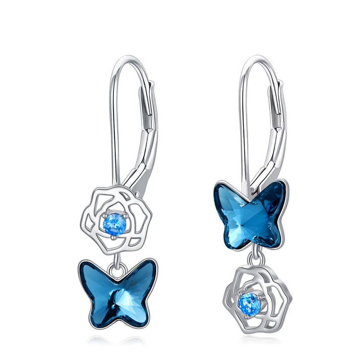 Butterfly Earrings 925 Sterling Silver Drop Earring Elegant Blue Crystal Butterflies Wings Dangle Earring Cute Flower Jewelry Birthday Gift