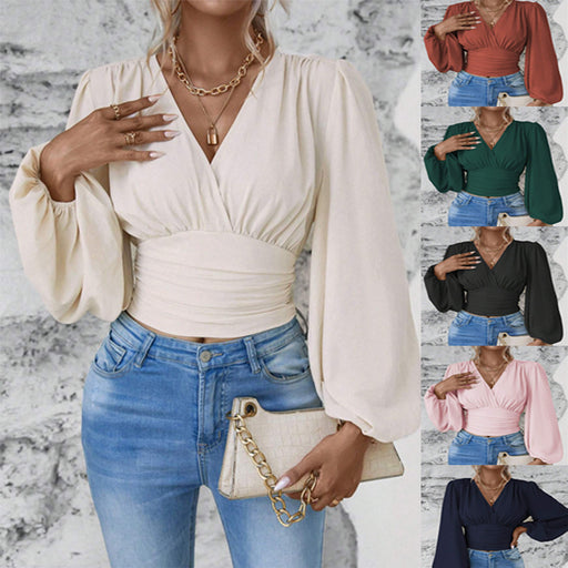 V-neck pleated long sleeve top - MRSLM