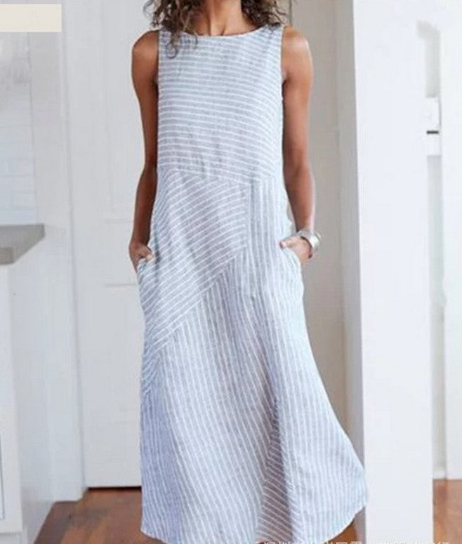 casual striped sleeveless maxi dress, view 8 - MRSLM