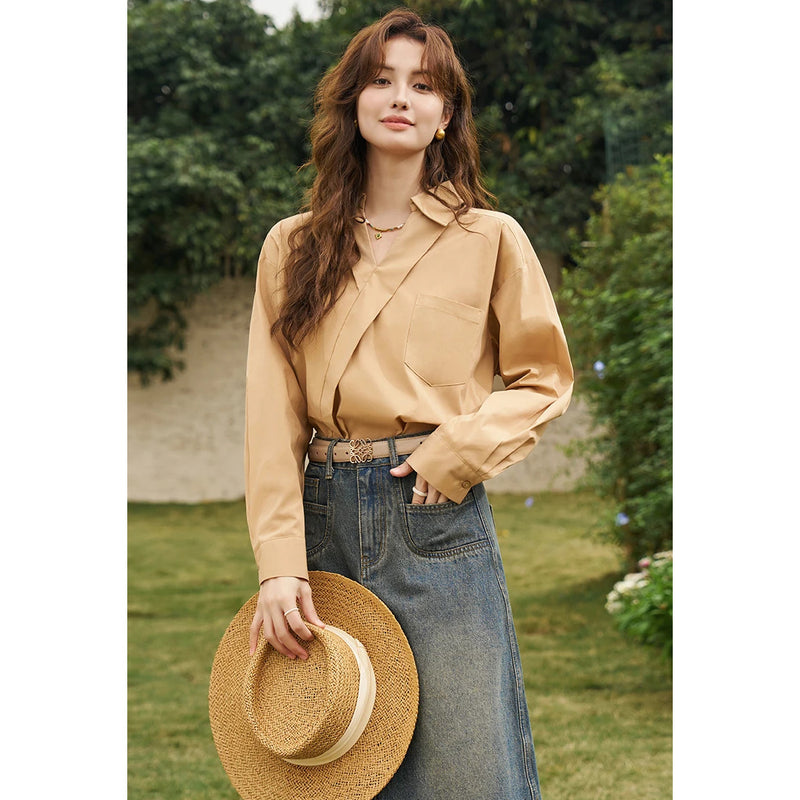 retro v neck long sleeve shirt for women, view 4 - MRSLM
